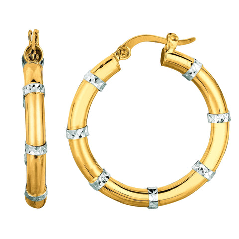 14K Yellow And White Gold Diamond Cut Fashion Sparkle Hoop Earrings, Diameter 25mm