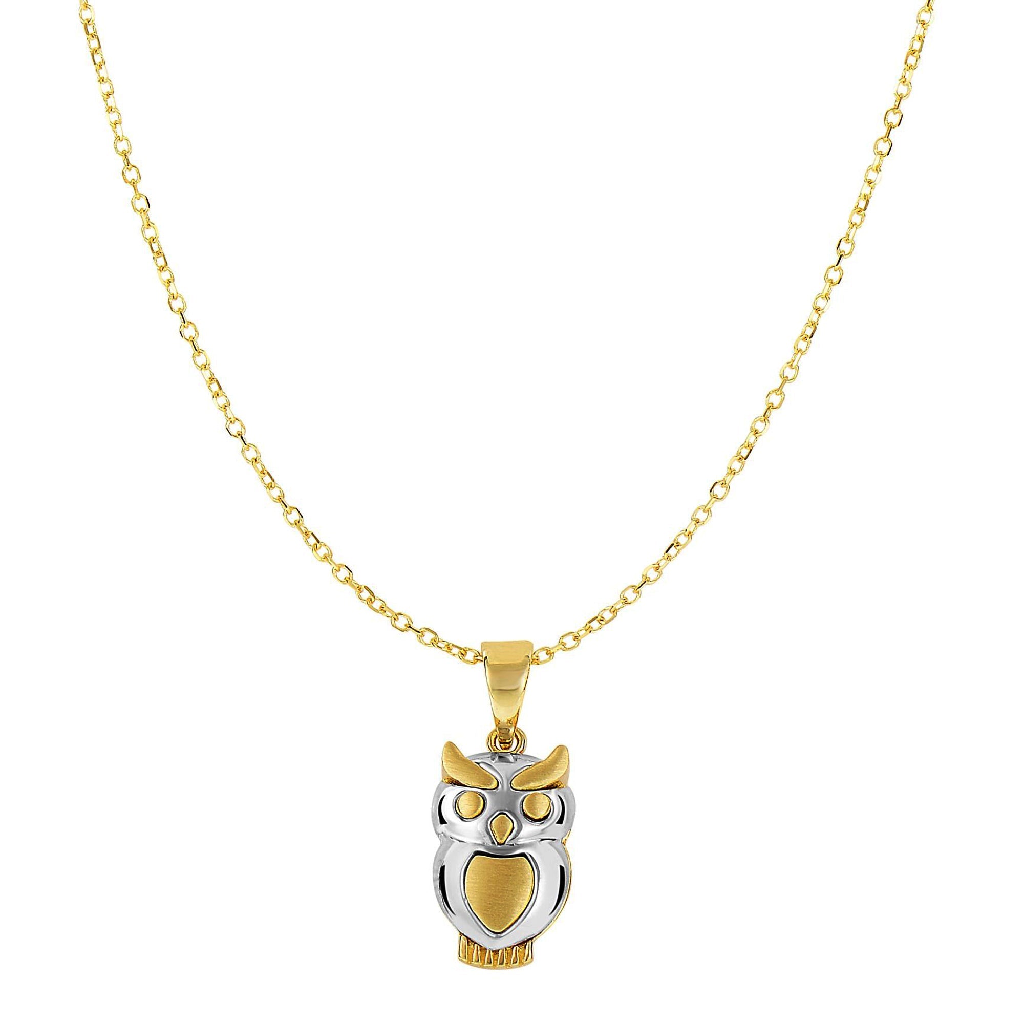 14k Yellow And White Gold High Polished Satin Owl Pendant Necklace, 18"
