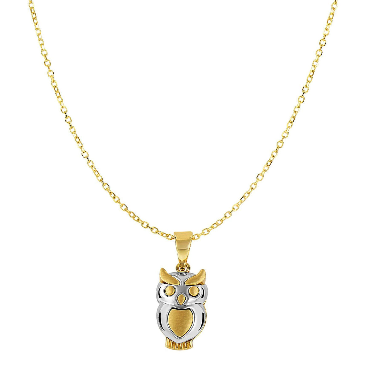 14k Yellow And White Gold High Polished Satin Owl Pendant Necklace, 18"