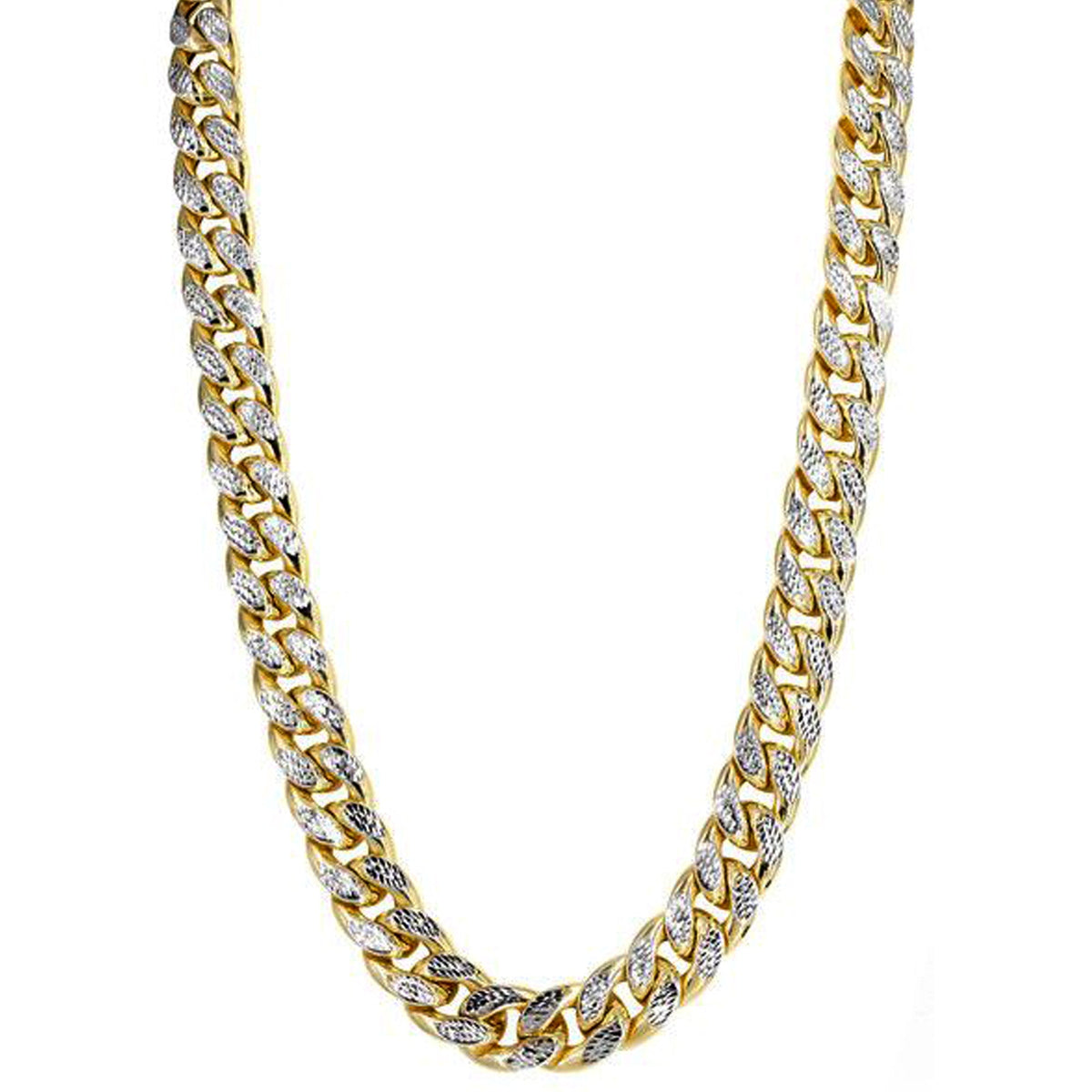 14k Yellow And White Gold Miami Cuban Pave Link Chain Necklace, Width 9.5mm, 22" - JewelryAffairs