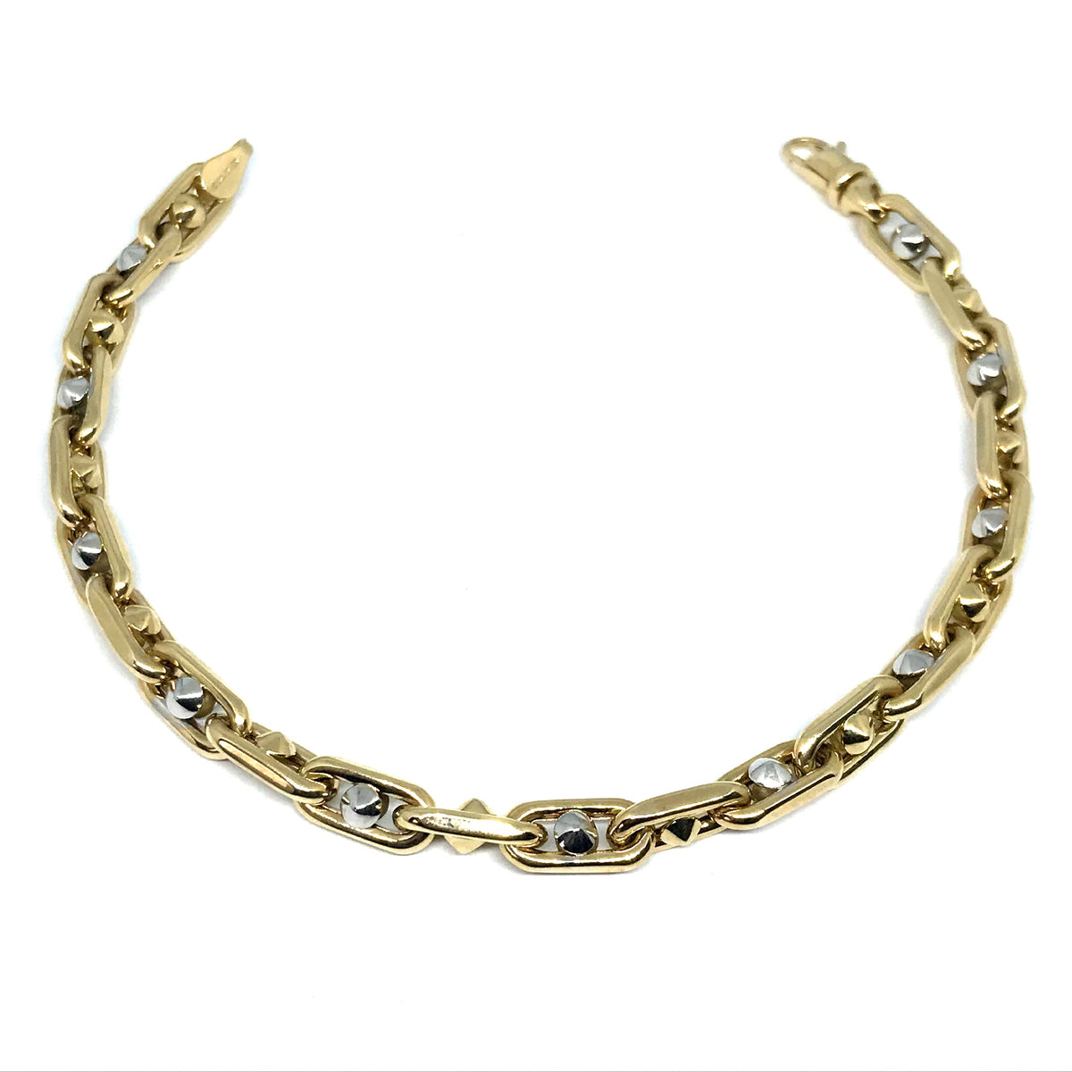 14k Yellow And White Gold Oval Link Mens Beads Bracelet, 8.25" - JewelryAffairs