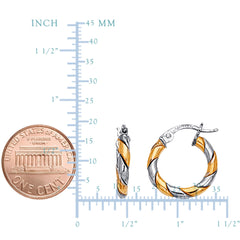14K Yellow And White Gold Two Tone Small Twisted Hoop Earrings, Diameter 17mm
