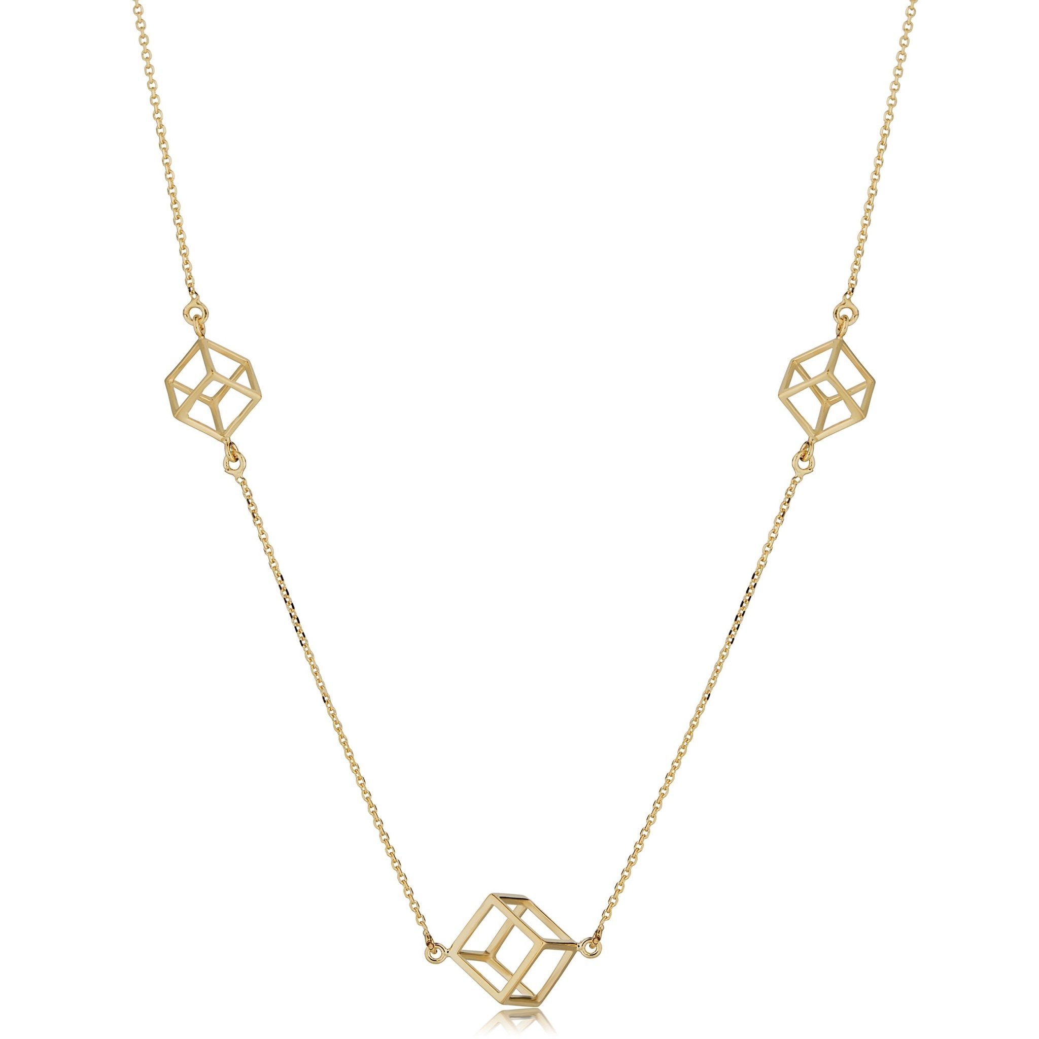 14k Yellow Gold 3D Cube Pendant Adjustable Necklace, 18"
