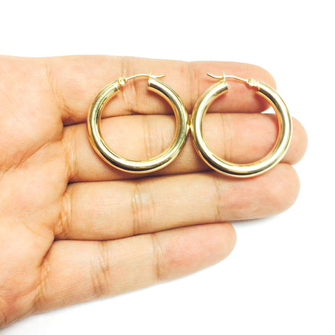 14K Yellow Gold 4MM Shiny Round Tube Hoop Earrings