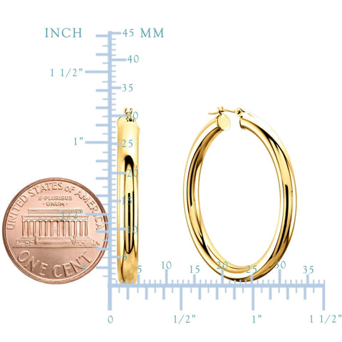 14K Yellow Gold 4MM Shiny Round Tube Hoop Earrings