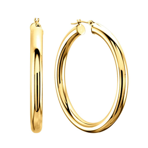 14K Yellow Gold 4MM Shiny Round Tube Hoop Earrings