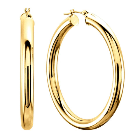 14K Yellow Gold 4MM Shiny Round Tube Hoop Earrings