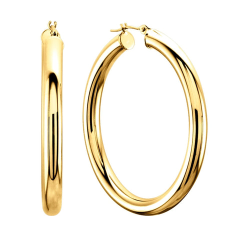 14K Yellow Gold 4MM Shiny Round Tube Hoop Earrings