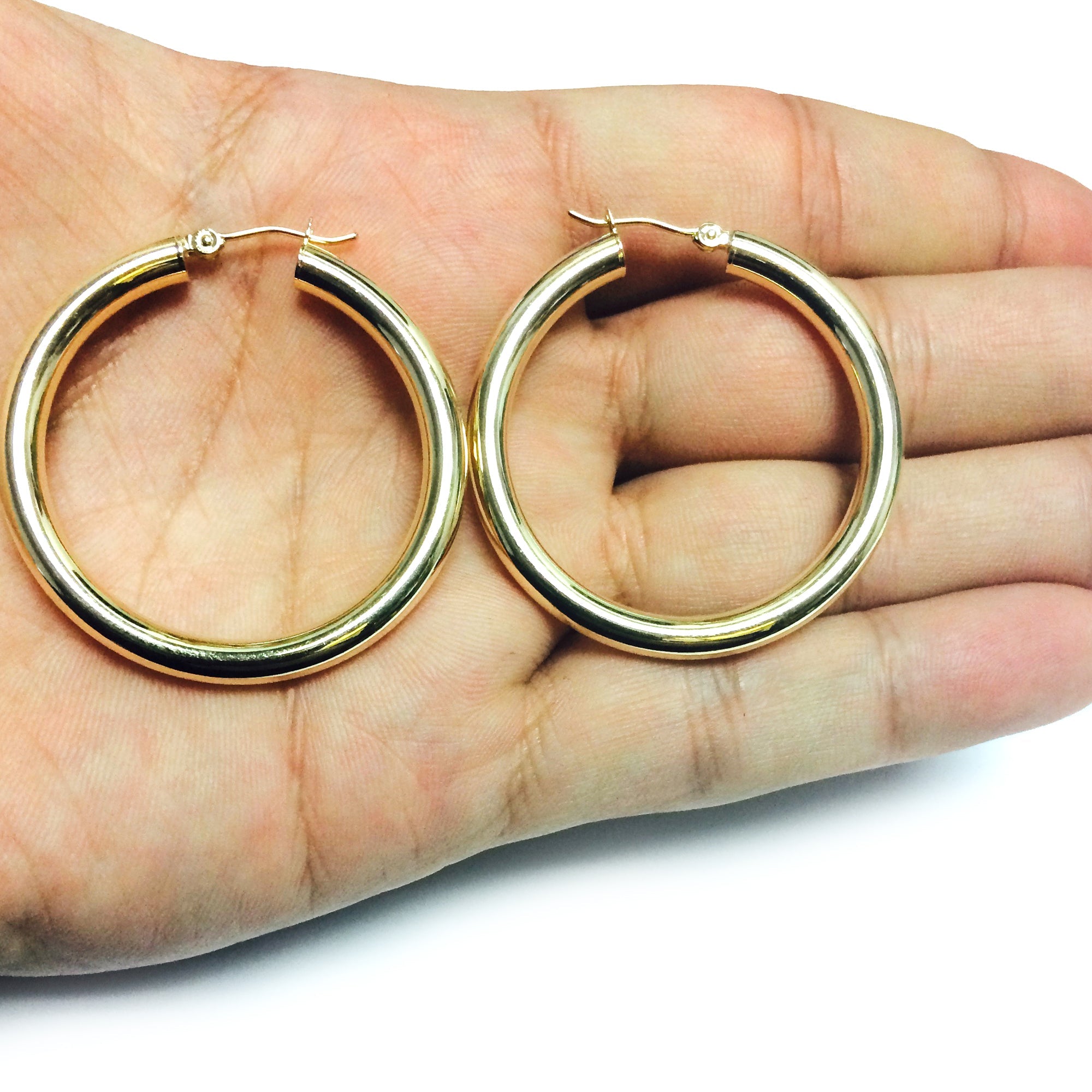 14K Yellow Gold 4MM Shiny Round Tube Hoop Earrings