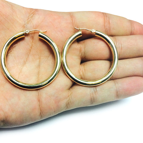 14K Yellow Gold 4MM Shiny Round Tube Hoop Earrings