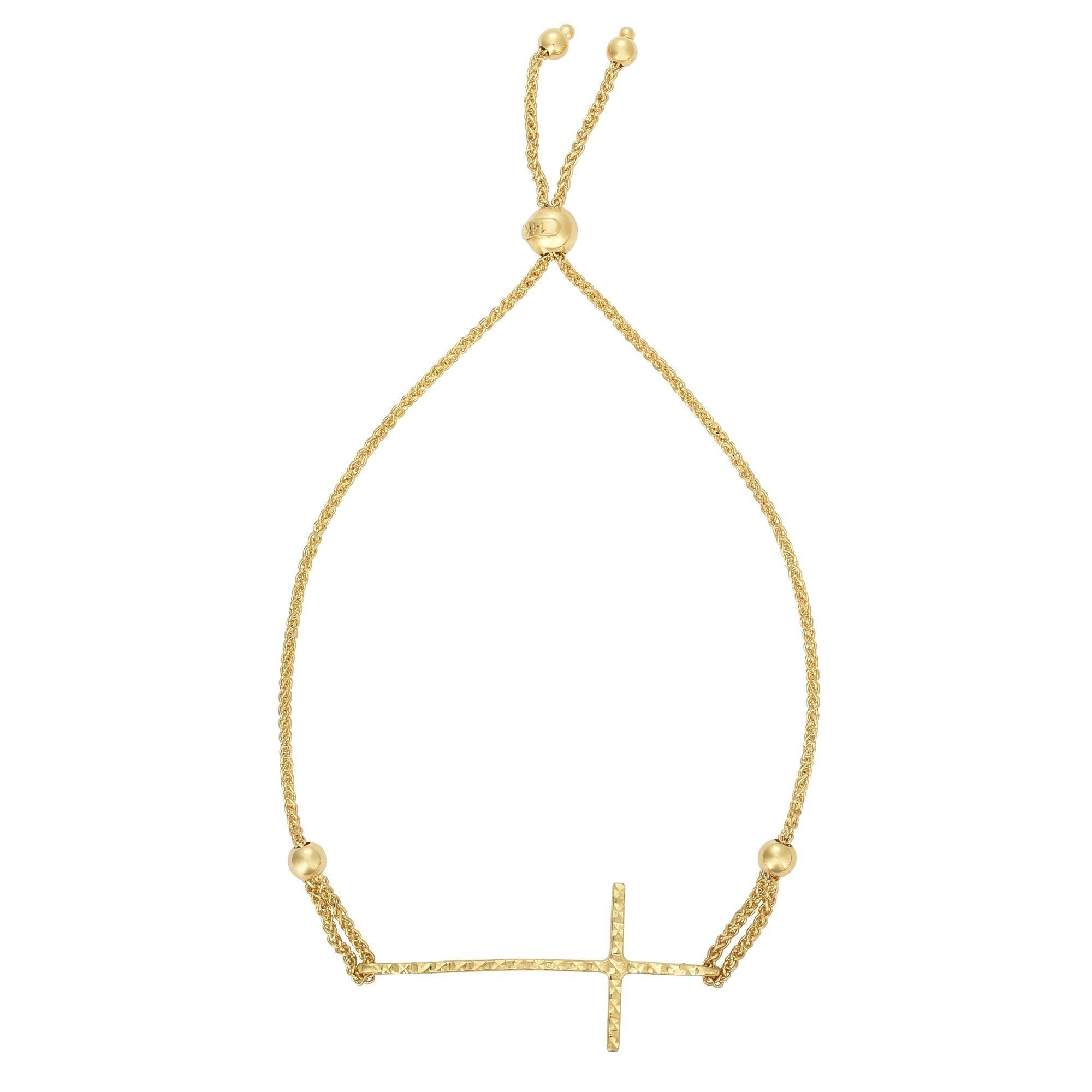 14k Yellow Gold Adjustable Cross Charm Bolo Bracelet, 9.25"