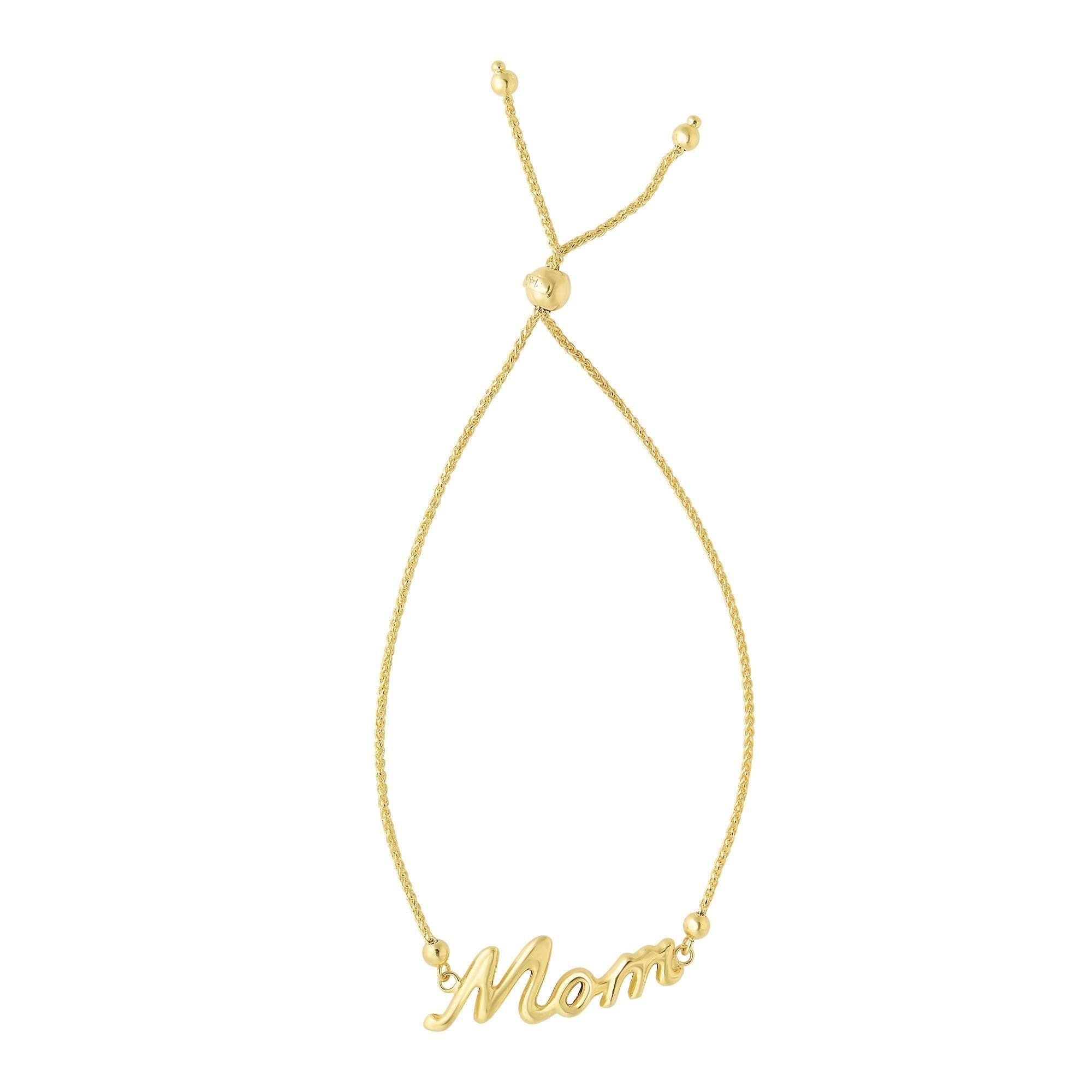 14k Yellow Gold Adjustable Mom Charm Bolo Bracelet, 9.25"