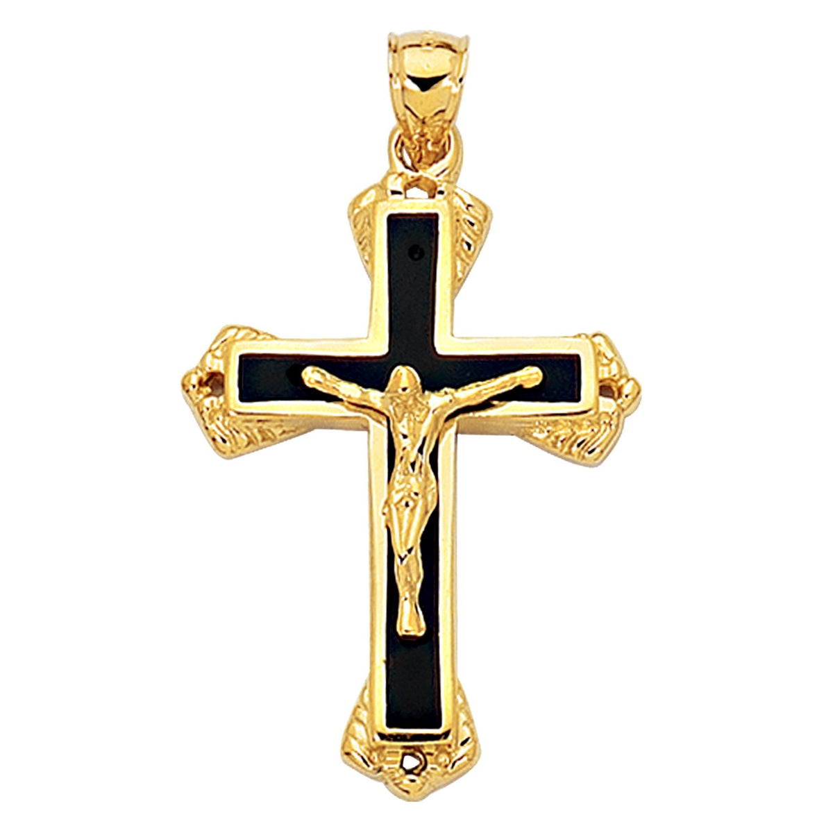14k Yellow Gold And Black Enamel Crucifix Cross Mens Pendant - JewelryAffairs