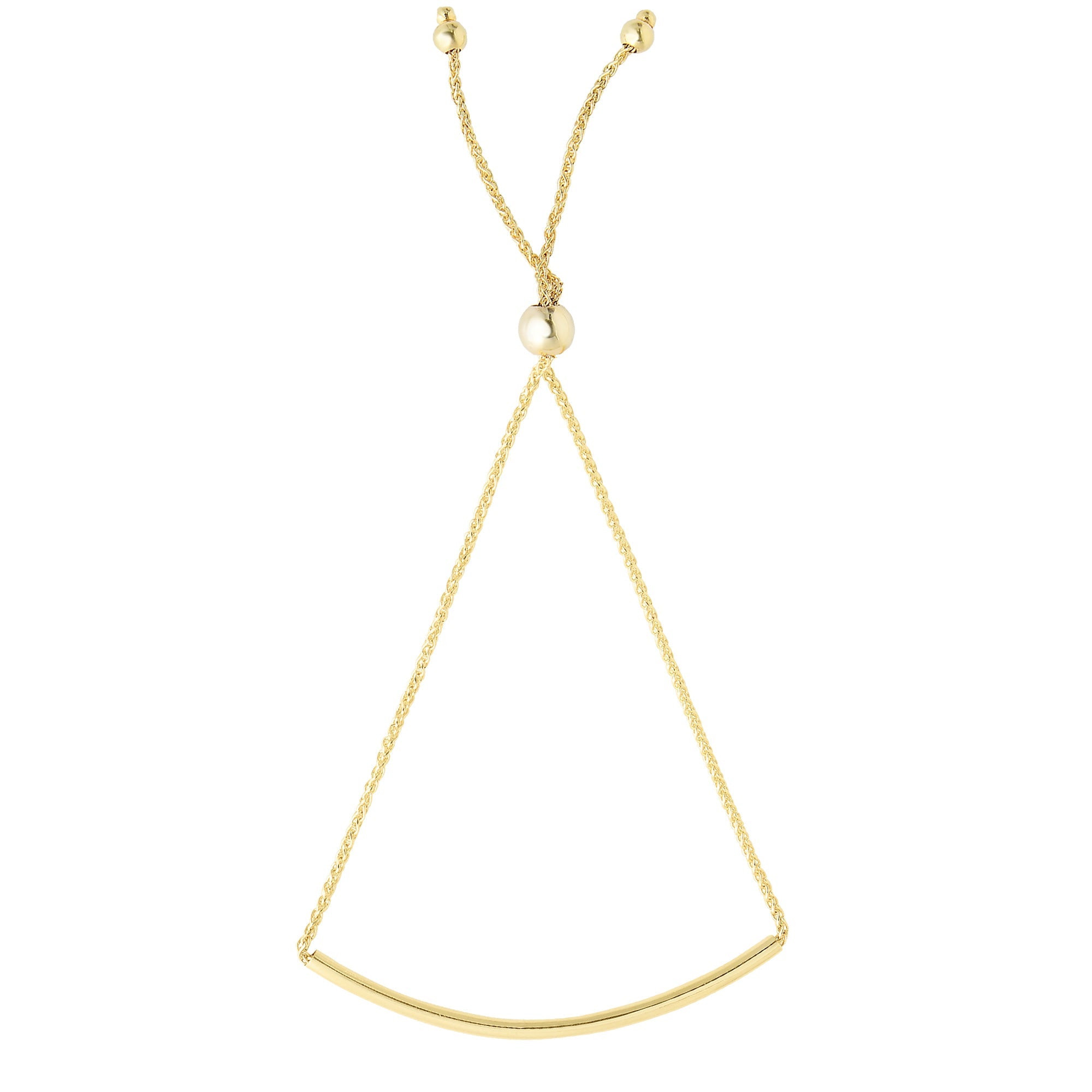 14K Yellow Gold Curve Bar Diamond Cut Wheat Chain Adjustable Bracelet With Adjustable Ball Clasp, 9.25"