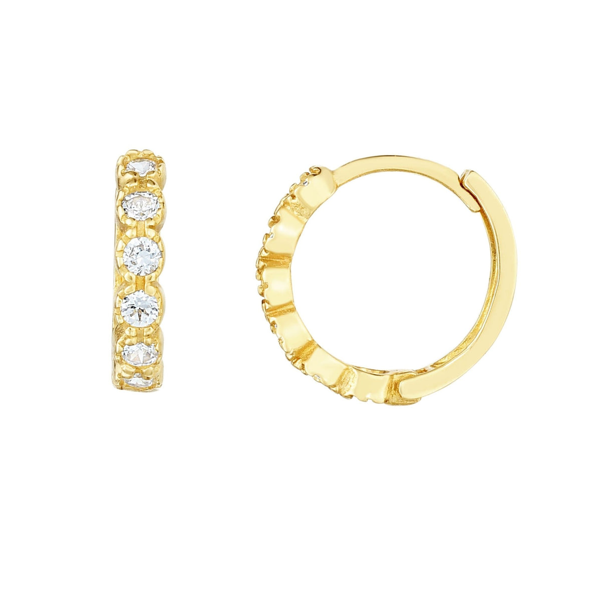 14K Yellow Gold CZ Huggie Hoop Earrings, 12mm