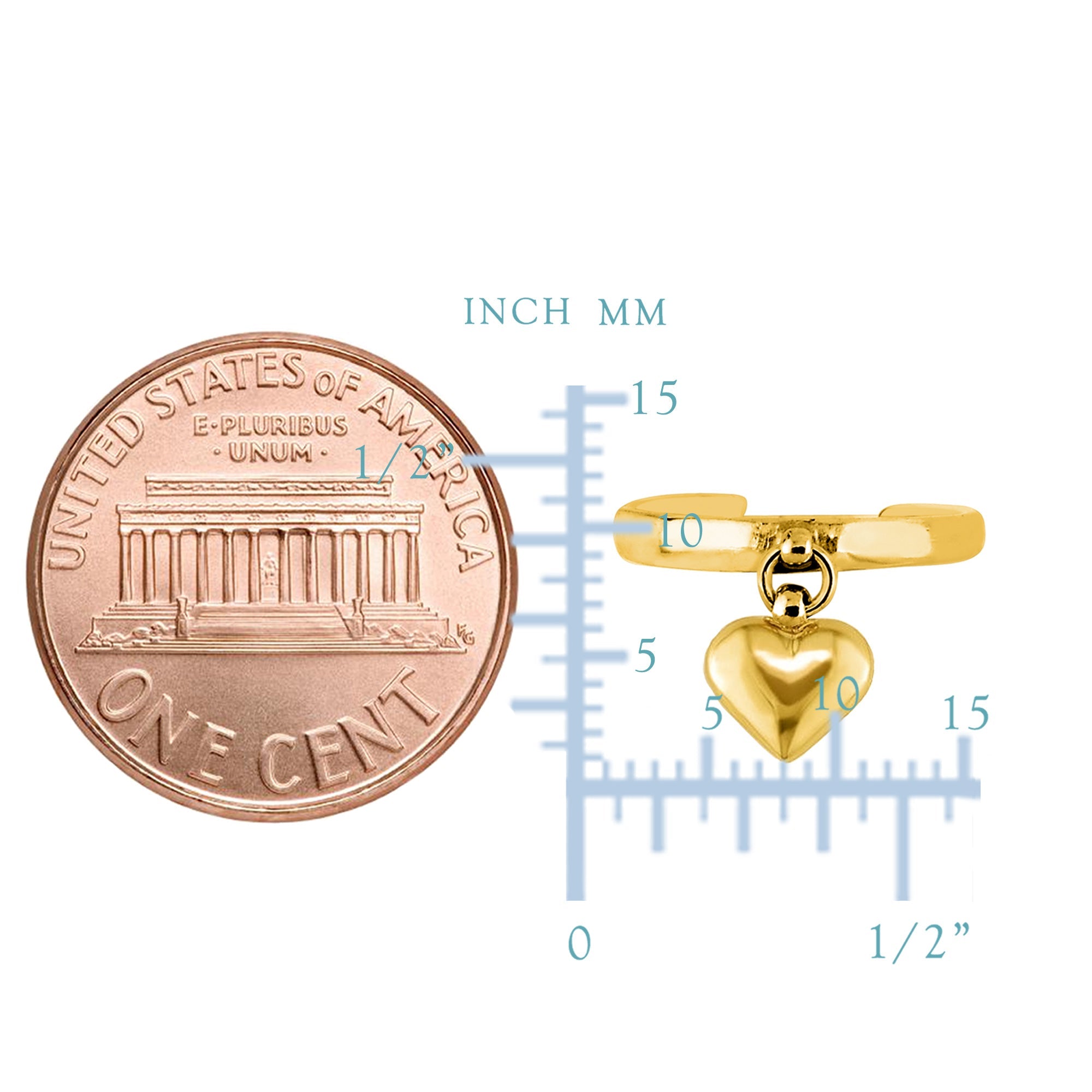 14K Yellow Gold Dangle Heart Cuff Style Adjustable Toe Ring