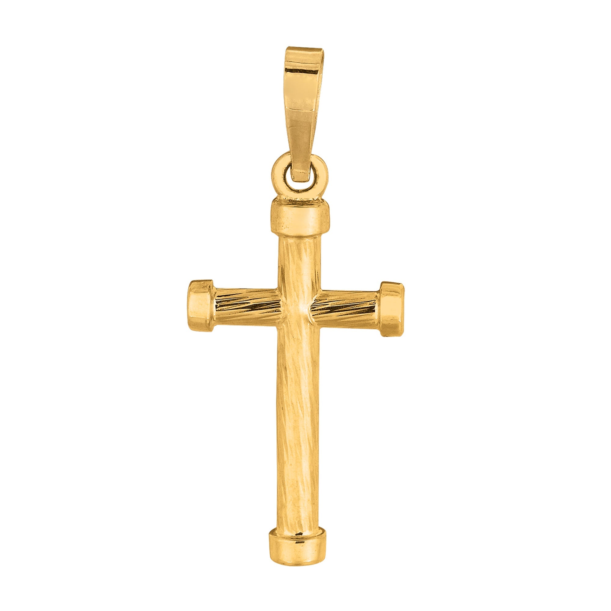 14k Yellow Gold Diamond Cut Finish Round Tube Style Cross Pendant - JewelryAffairs