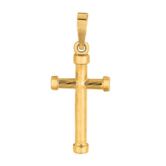 14k Yellow Gold Diamond Cut Finish Round Tube Style Cross Pendant - JewelryAffairs