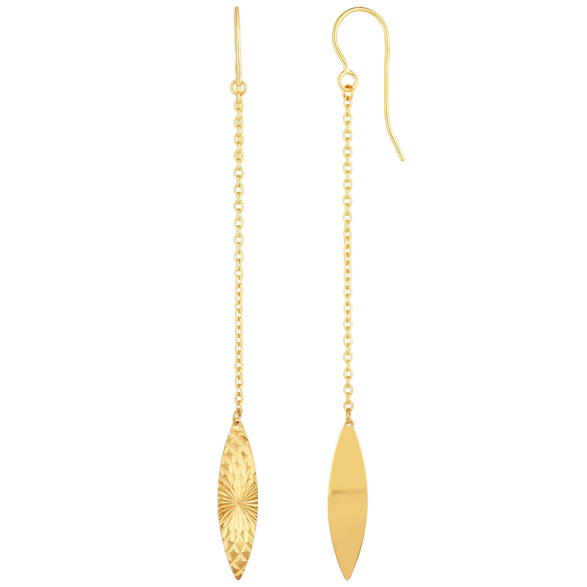 14K Yellow Gold Diamond Cut Marquise Disc Drop Earrings