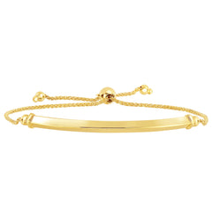 14K Yellow Gold Diamond Cut Round Wheat Adjustable Bracelet With Shiny Arched Bar Center Element, 9.25"