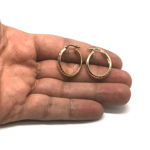 14K Yellow Gold Hammered Polished Oval Hoop Earrings