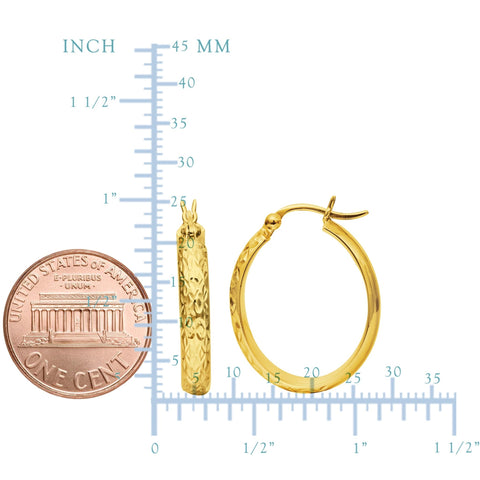 14K Yellow Gold Hammered Polished Oval Hoop Earrings