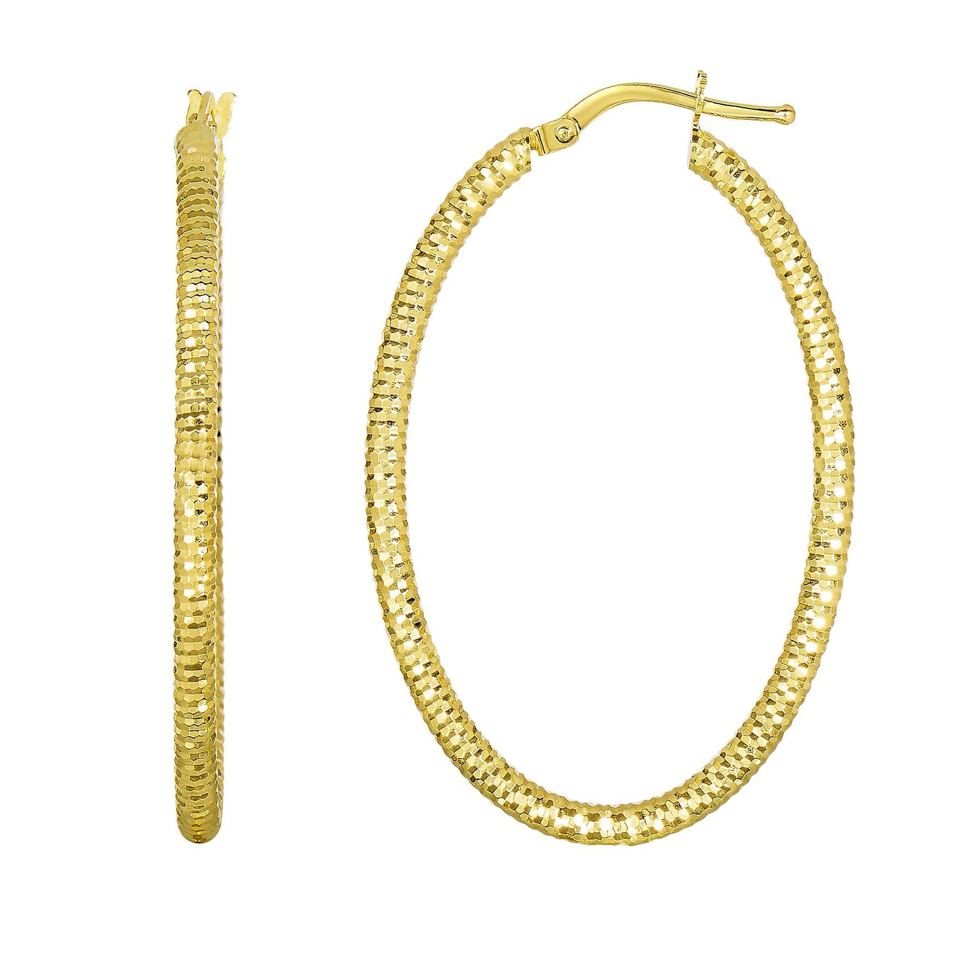 14K Yellow Gold Hanging Shiny Open Square Textured Open Oval Drop Earring