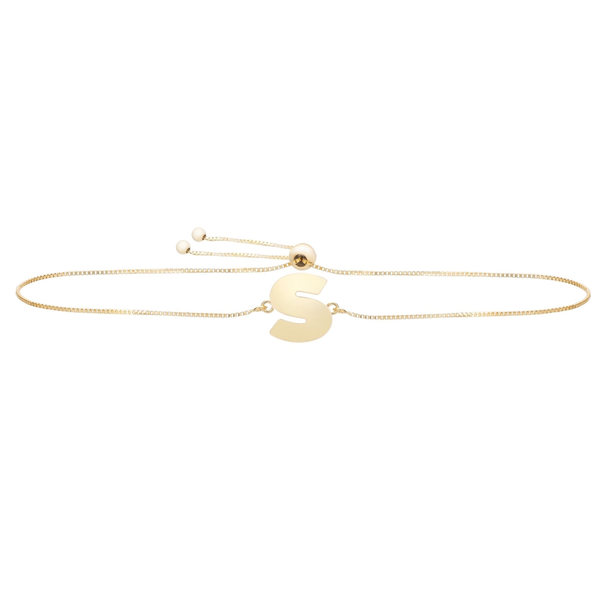14k Yellow Gold Initial Letter Friendship Adjustable Bracelet, 9.25" - JewelryAffairs