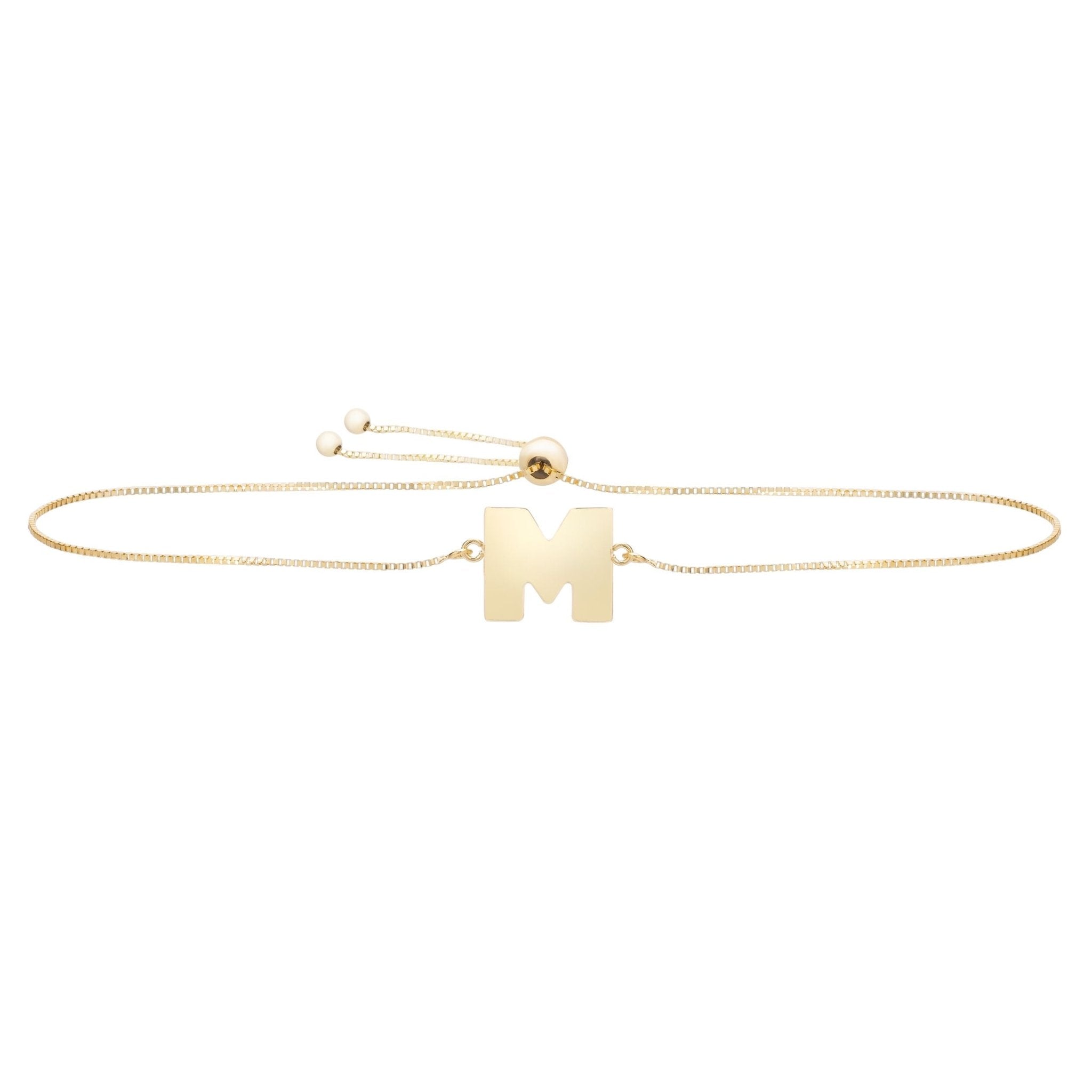 14k Yellow Gold Initial Letter Friendship Adjustable Bracelet, 9.25" - JewelryAffairs