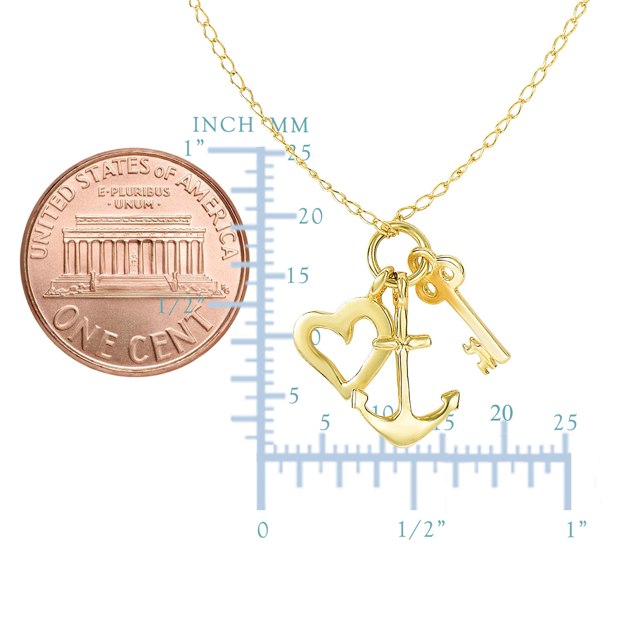 14k Yellow Gold Key Anchor And Heart Charms Necklace, 18"