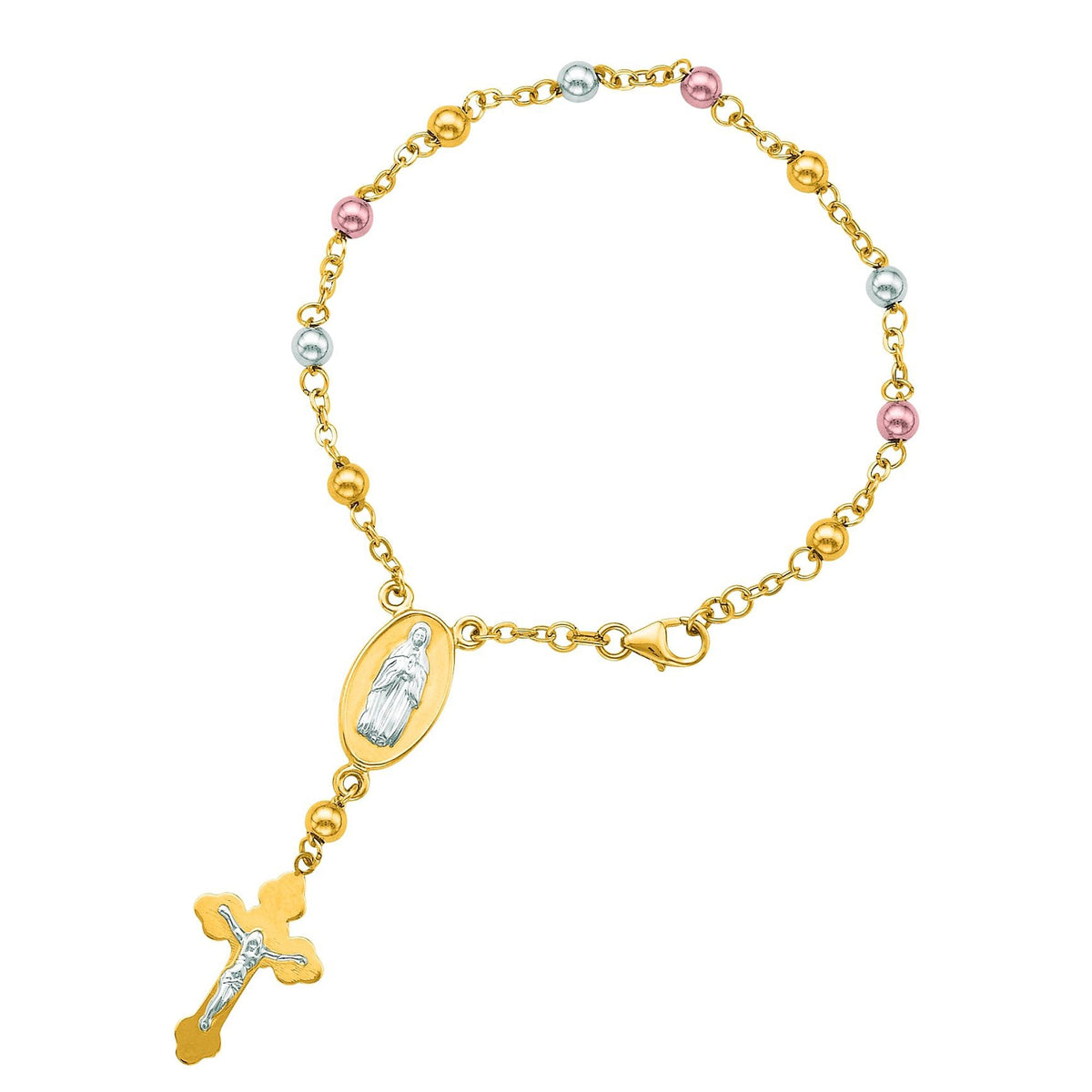 14K Yellow Gold Link Mary And Jesus Bead Bracelet, 7"