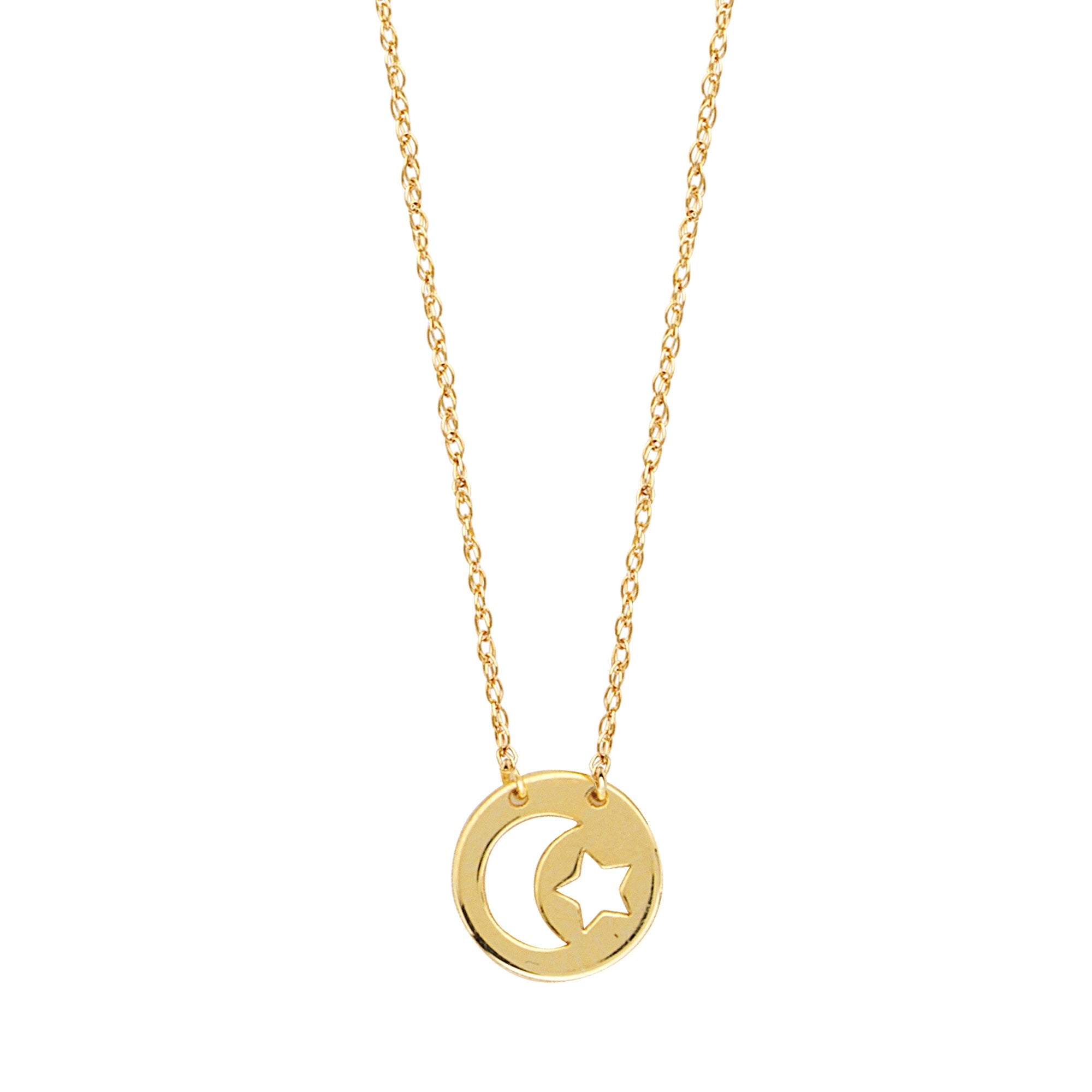 14K Yellow Gold Mini Moon And Star Pendant Necklace, 16 To 18 Inches Adjustable