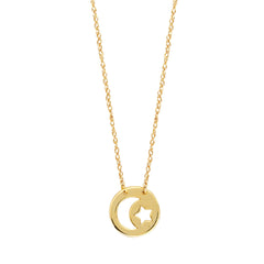 14K Yellow Gold Mini Moon And Star Pendant Necklace, 16 To 18 Inches Adjustable