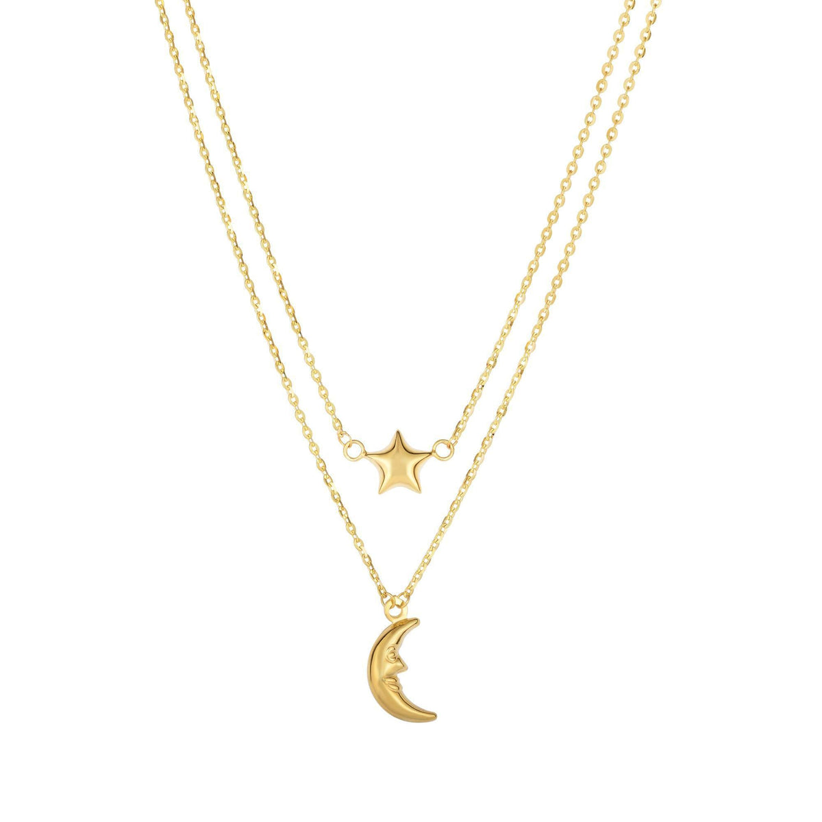 14k Yellow Gold Moon And Star On Single In to Double Graduated Strand Necklace, 18"