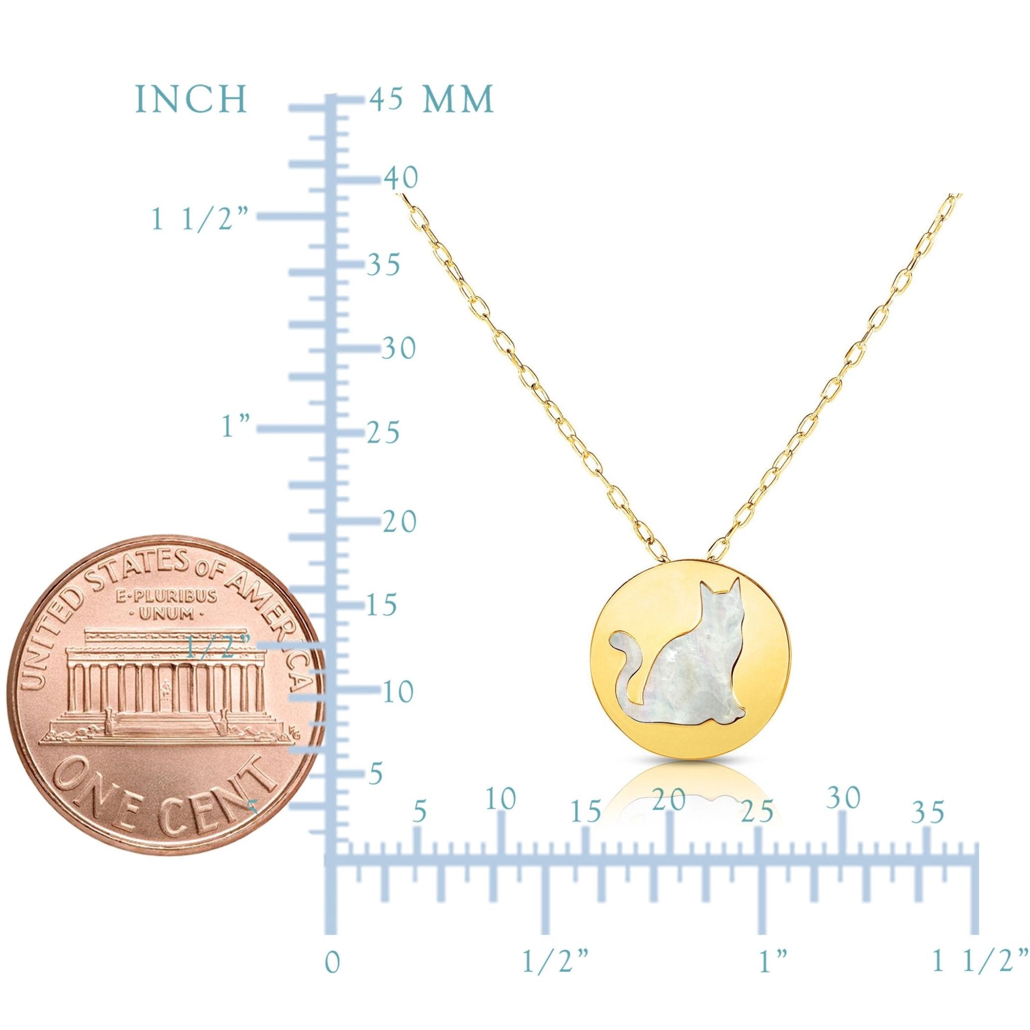 14K Yellow Gold Mother Of Pearl Cat Pendant Necklace, 16" - JewelryAffairs