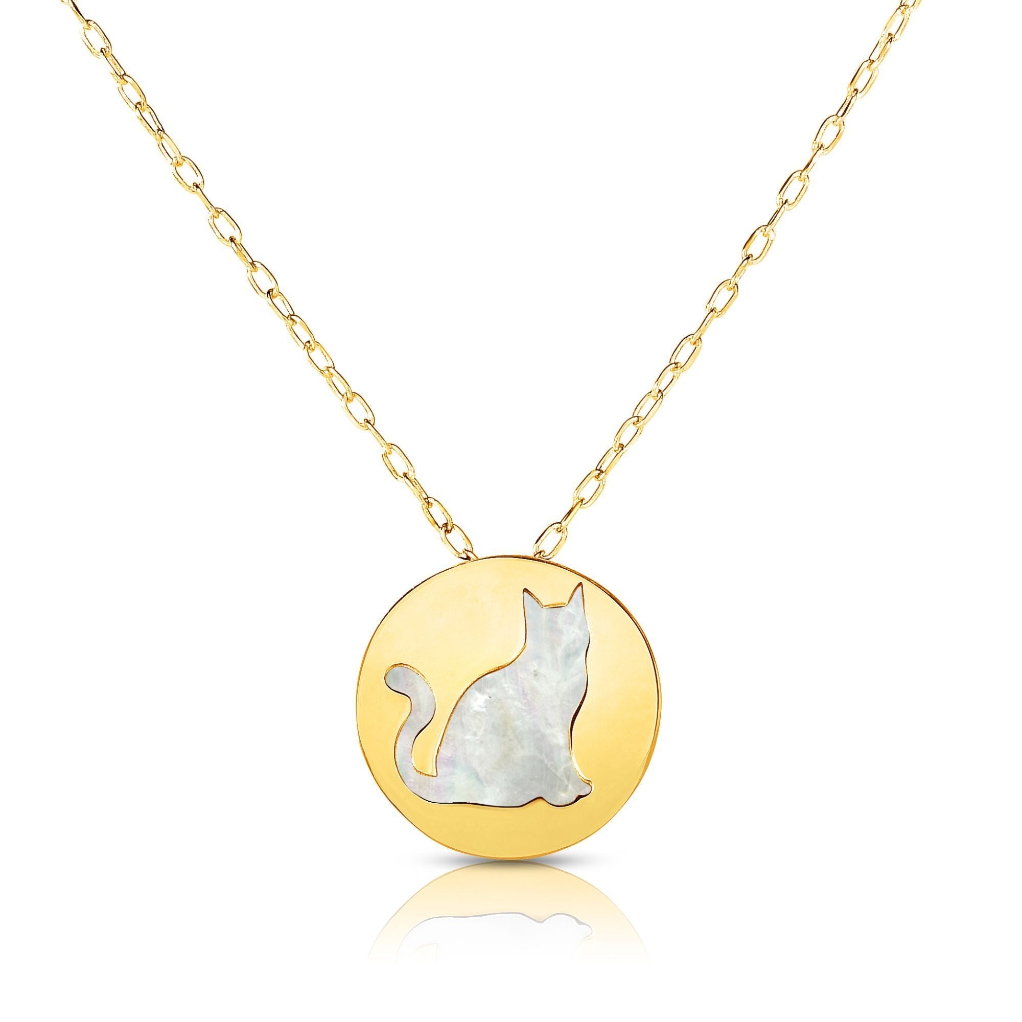 14K Yellow Gold Mother Of Pearl Cat Pendant Necklace, 16" - JewelryAffairs