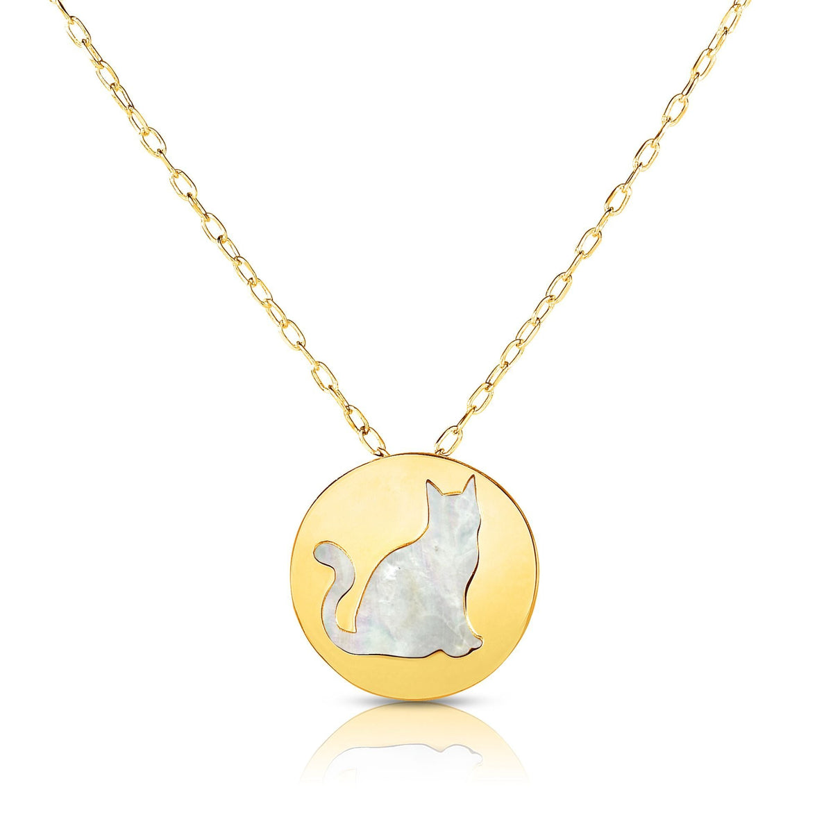 14K Yellow Gold Mother Of Pearl Cat Pendant Necklace, 16" - JewelryAffairs