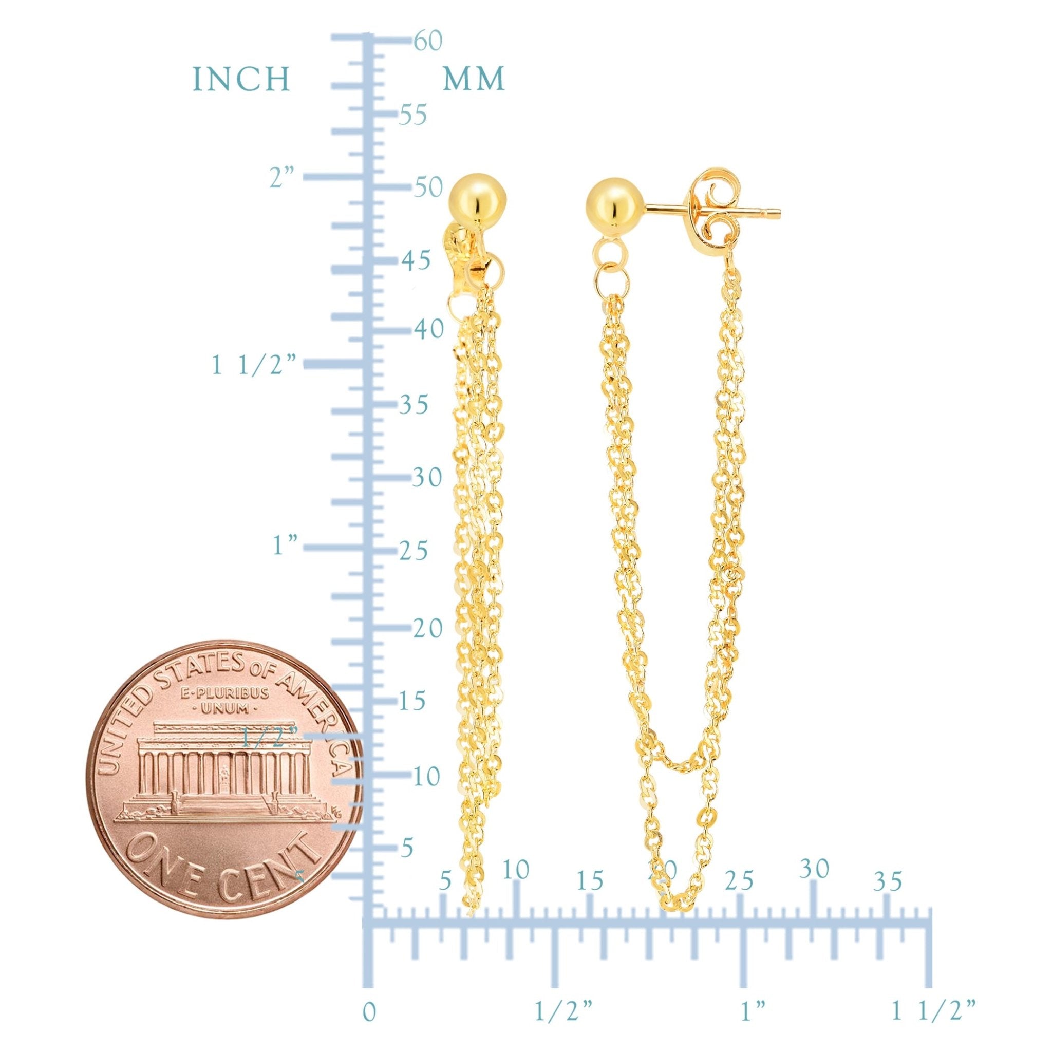 14K Yellow Gold Multi Stranded Cable Chain Front And Back Style Drop Earrings
