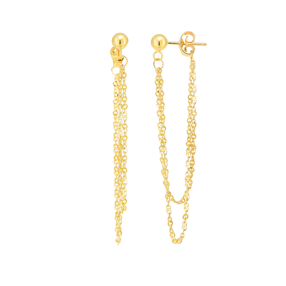 14K Yellow Gold Multi Stranded Cable Chain Front And Back Style Drop Earrings