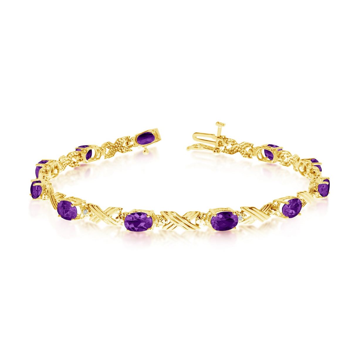 14K Yellow Gold Oval Amethyst Stones And Diamonds Tennis Bracelet, 7" - JewelryAffairs