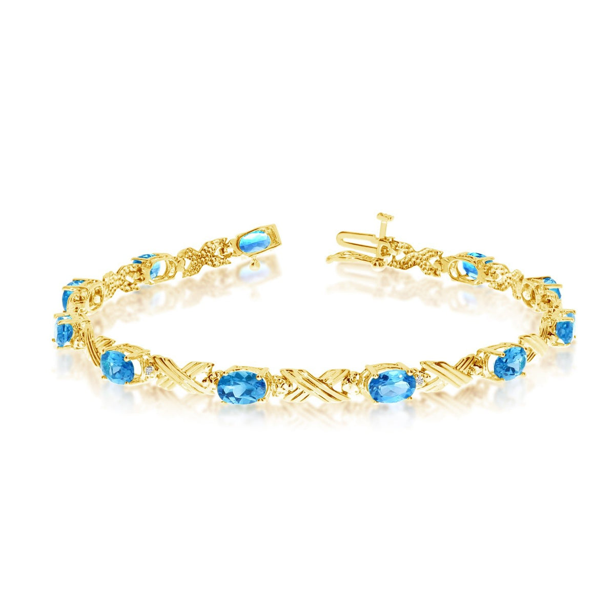 14K Yellow Gold Oval Blue Topaz Stones And Diamonds Tennis Bracelet, 7" - JewelryAffairs