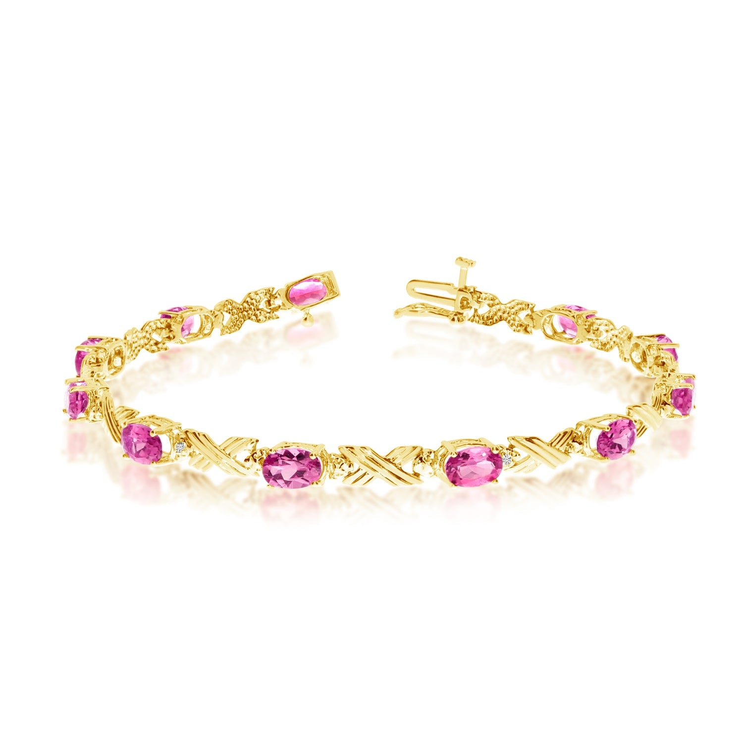 14K Yellow Gold Oval Pink Topaz Stones And Diamonds Tennis Bracelet, 7"