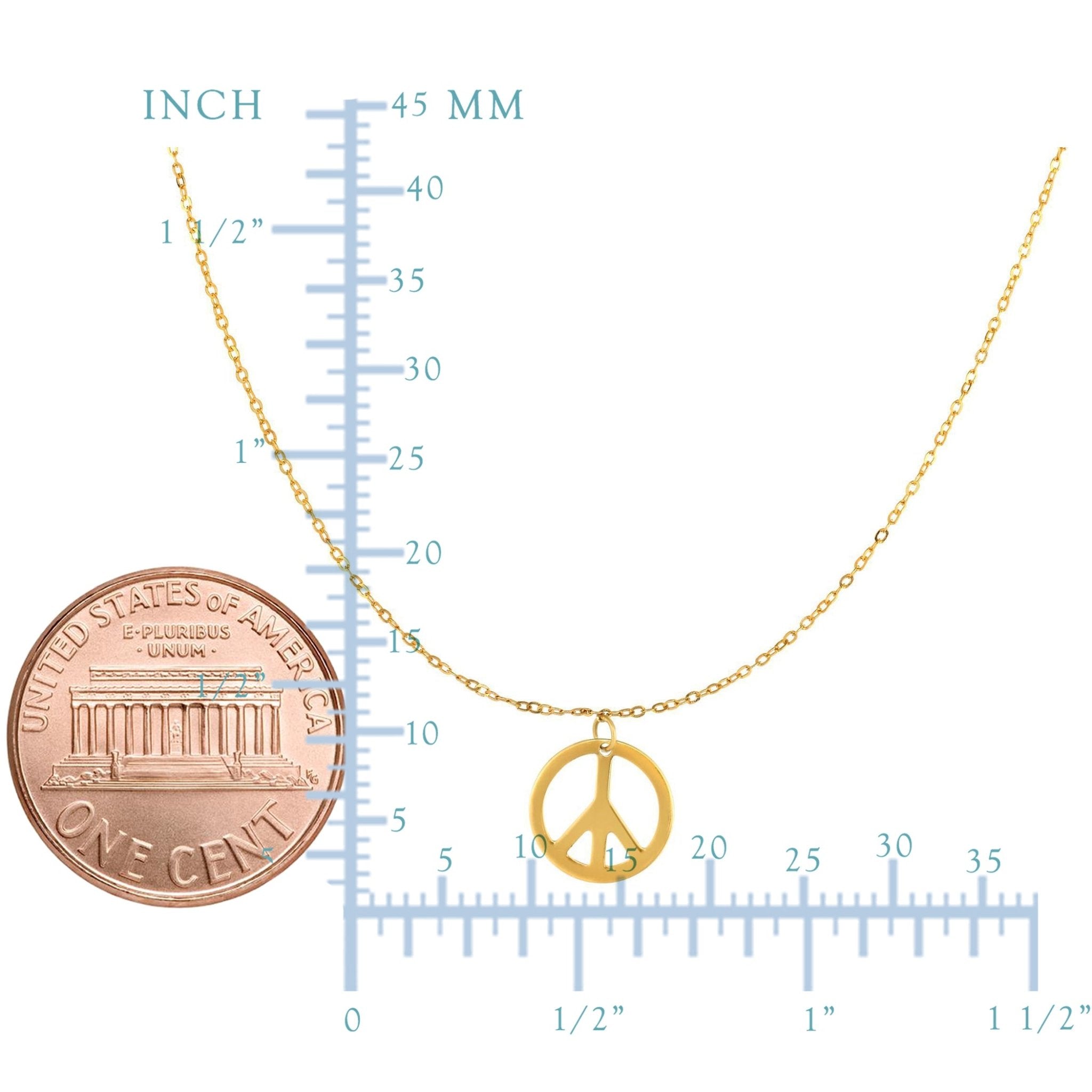 14k Yellow Gold Polished Peace Symbol Charm Link Chain Necklace, 17"