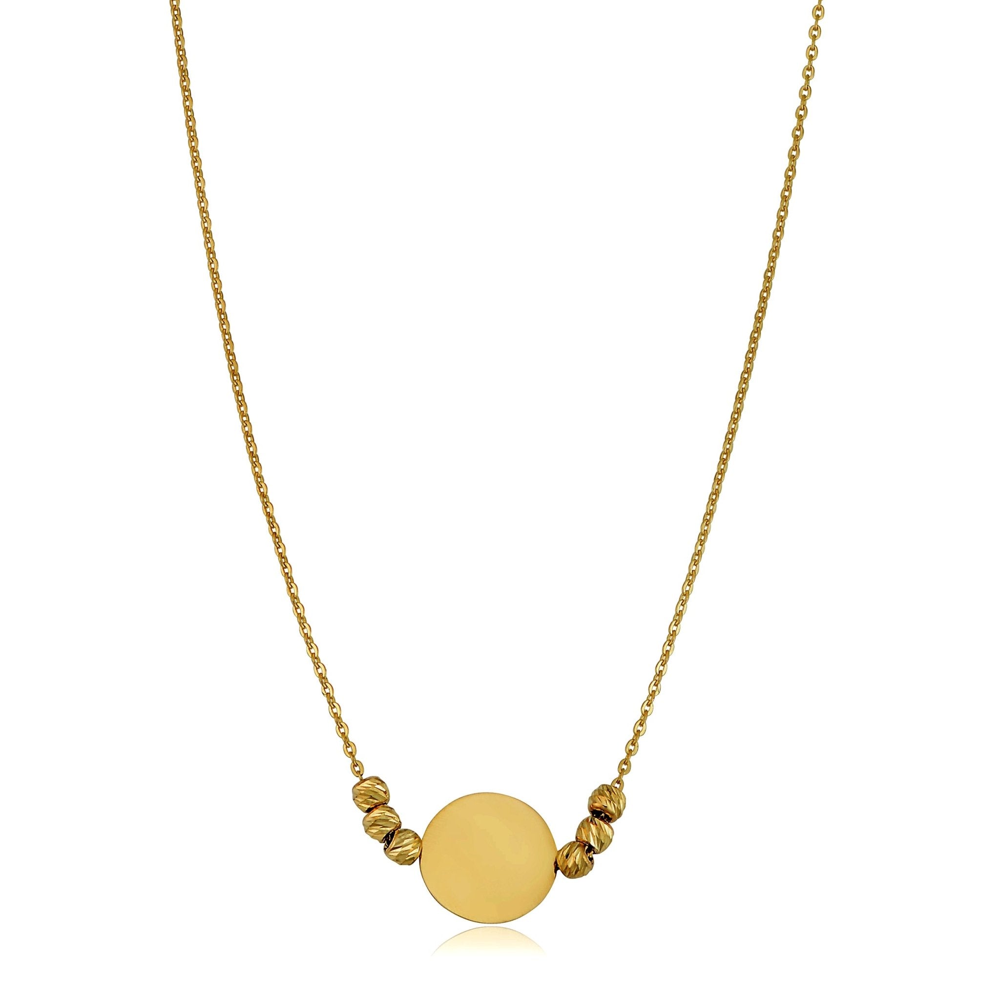 14K Yellow Gold Round Disc And Bead Necklace, 17" To 18" Adjustable - JewelryAffairs