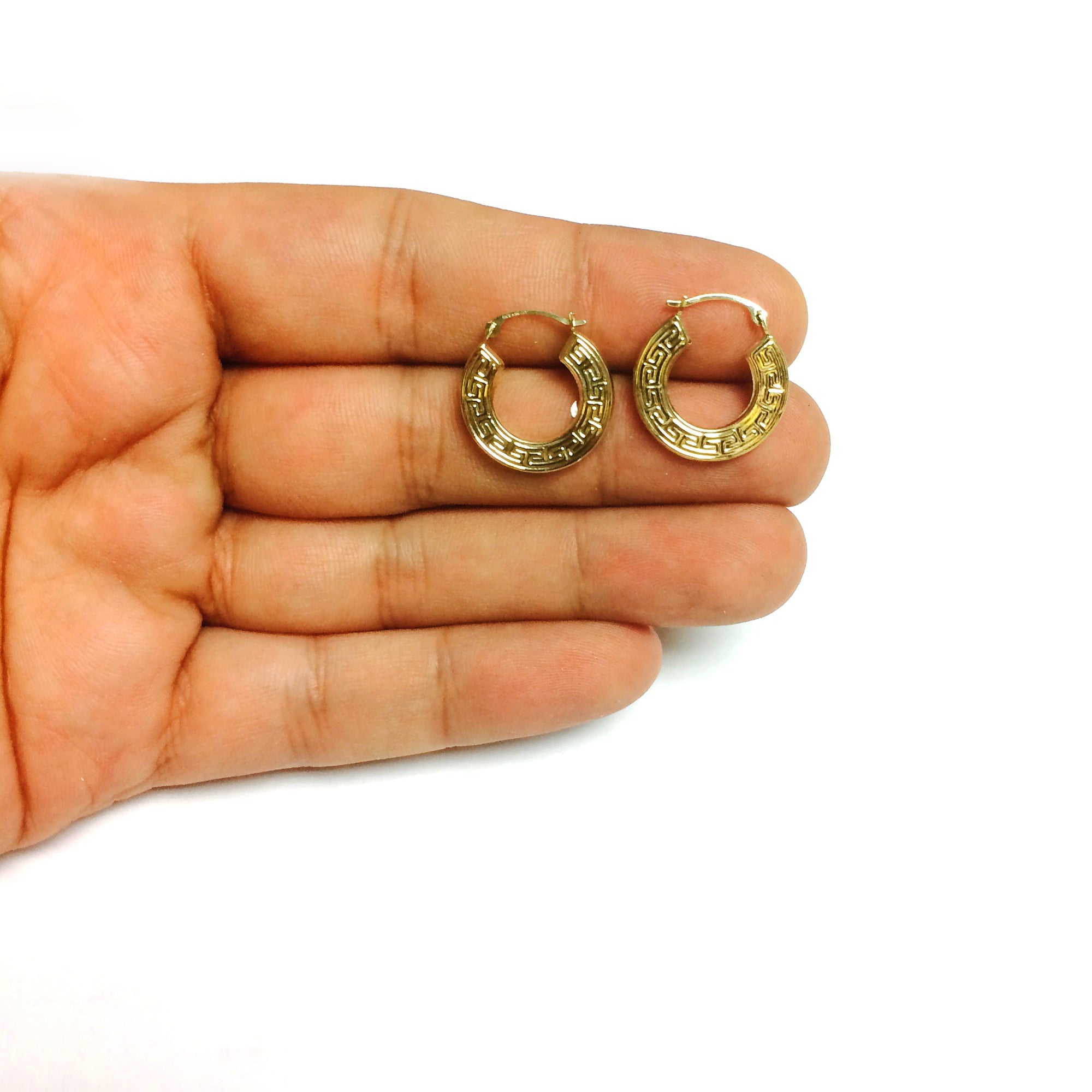 14K Yellow Gold Round Greek Key Hoop Earrings, Diameter 15mm - JewelryAffairs