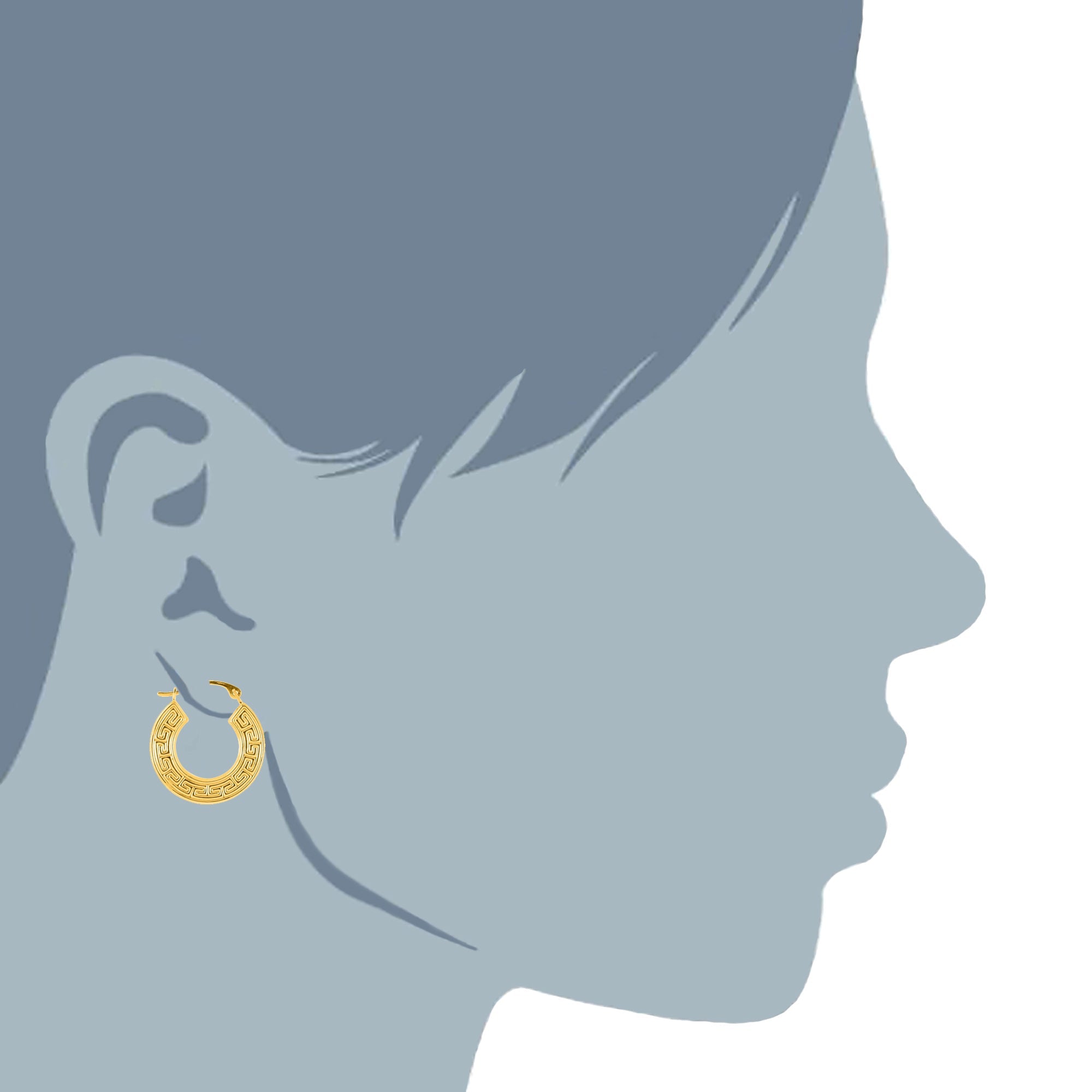 14K Yellow Gold Round Greek Key Hoop Earrings, Diameter 15mm - JewelryAffairs