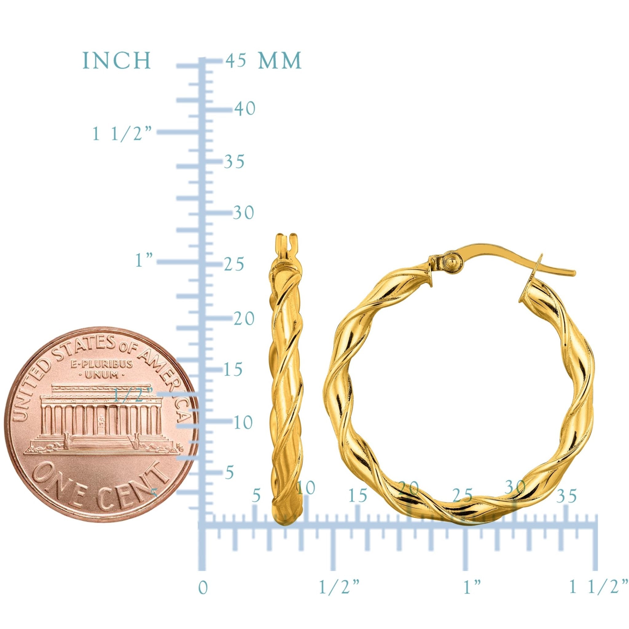 14K Yellow Gold Round Type Twisted Hoop Earrings, Diameter 28mm