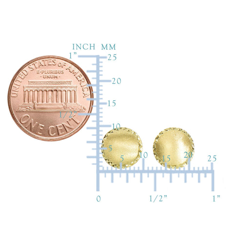 14k Yellow Gold Satin With Diamond Cut Edges Stud Earrings, 11mm