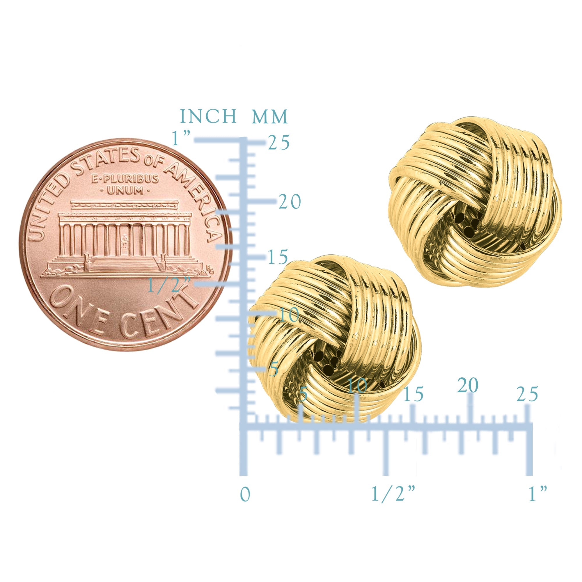 14k Yellow Gold Shiny 6 Row Love Knot Stud Earrings, 12mm