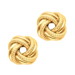 14k Yellow Gold Shiny And Textured Double Row Love Knot Stud Earrings, 10mm